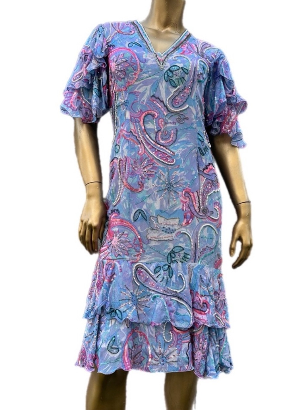 Vintage Judith Ann Creations pearl/sequin/bead embellished silk Ruffled Dress